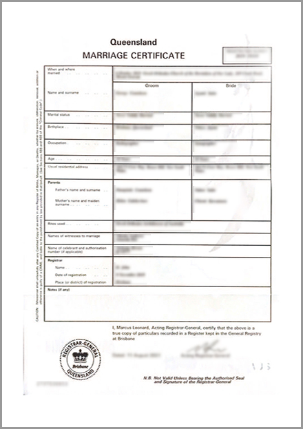 オーストラリアの登記所で発行された結婚証明書