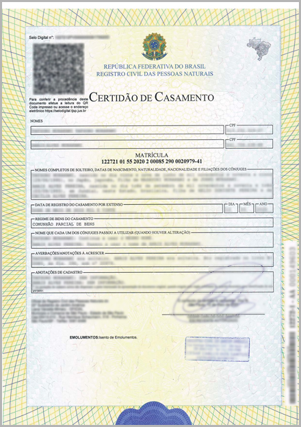 ブラジルの民事登記所で発行された結婚証明書