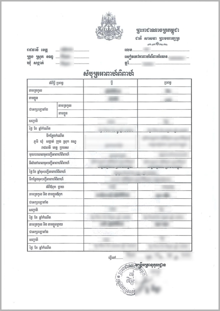 カンボジアの結婚証明書
