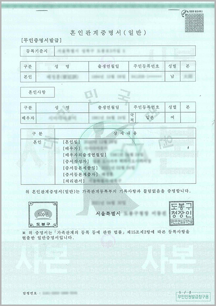 韓国の結婚証明書