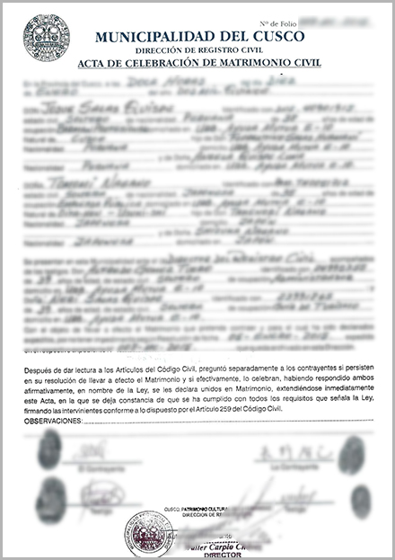 ペルーのグスコで発行された結婚証明書
